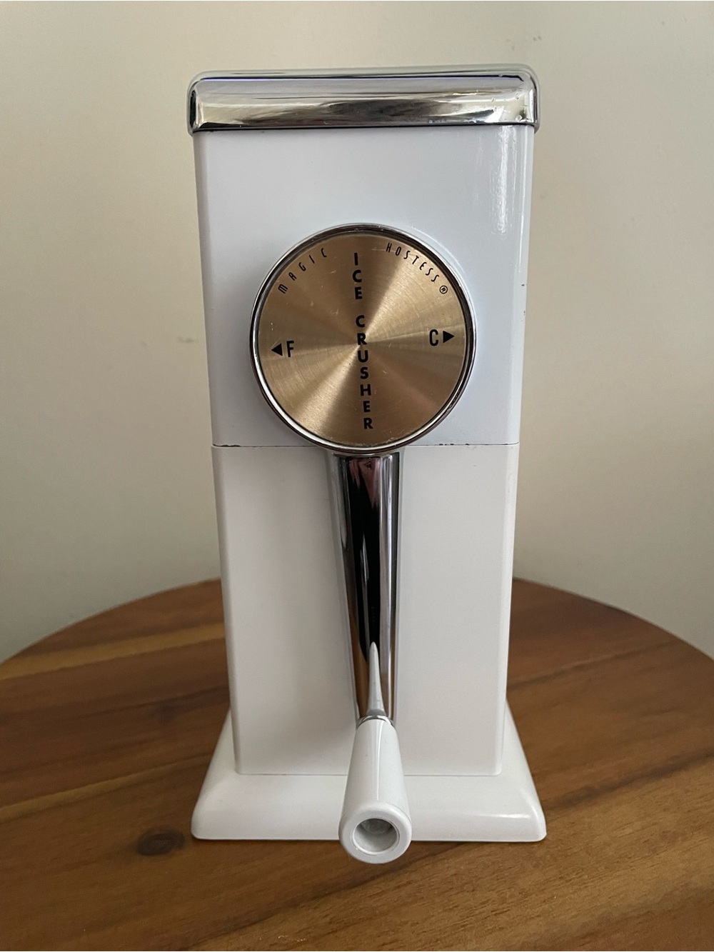 Vintage Magic Hostess Hand Crank Ice Crusher MCM White Chrome Retro Barware